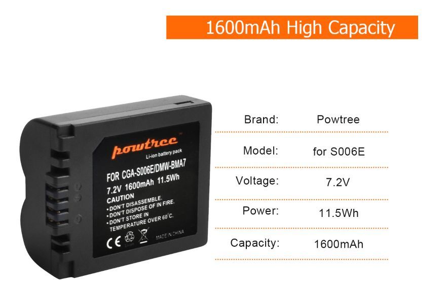 Baterie Panasonic CGA-S006E, DMW-BMA7 1600mAh 